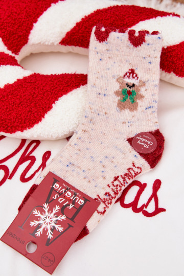 Meias de Natal infantis com ursinho e corações, lã de alpaca, cor areia 2