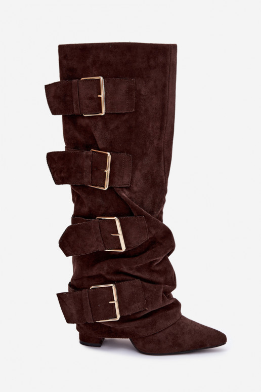 botas femininas com saltoEMyParainiętą CholeParaką I cor douradami com fivelasmi de camurça ecológicaoParae CzekoladoParae Isave