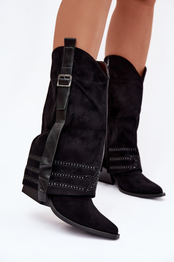 Botas de cano longo femininas pretas estilo cowboy com decoração e fivelas Camilora 2