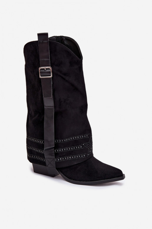 botas estilo vaqueiro Feminino Com decoração I com fivelas cor preta Camilora