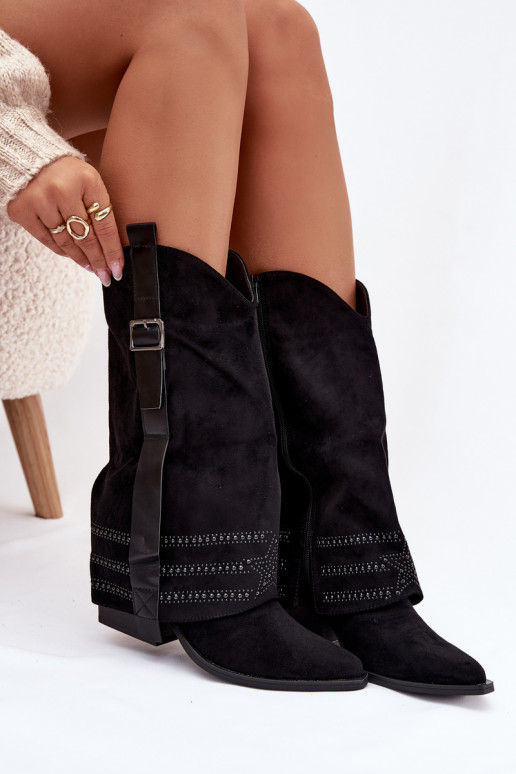 botas estilo vaqueiro Feminino Com decoração I com fivelas cor preta Camilora