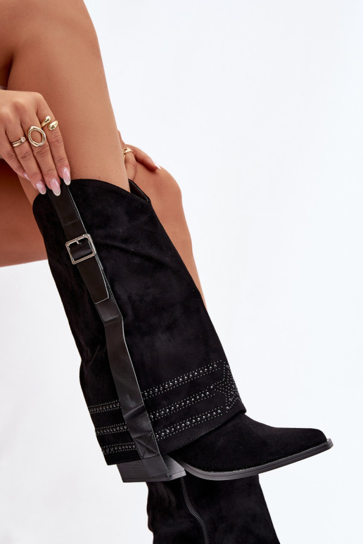 botas estilo vaqueiro Feminino Com decoração I com fivelas cor preta Camilora