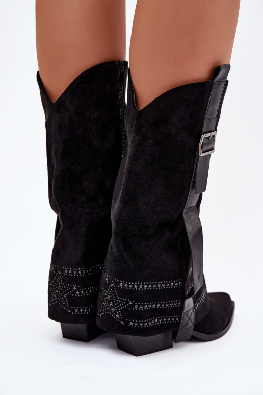 botas estilo vaqueiro Feminino Com decoração I com fivelas cor preta Camilora