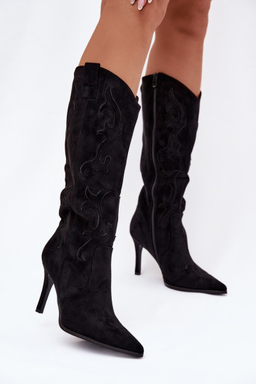 Botas de cano longo femininas pretas estilo cowboy com saltos finos em camurça sintética Belonia