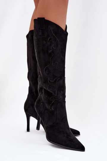 Botas de cano longo femininas pretas estilo cowboy com saltos finos em camurça sintética Belonia 2