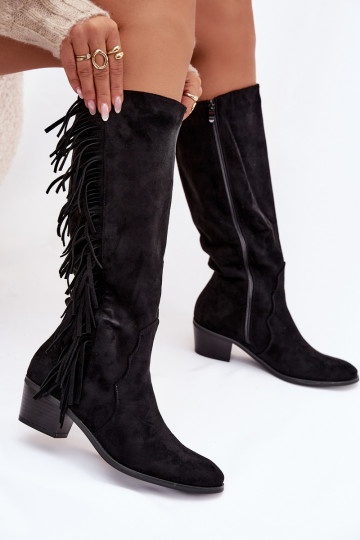 Botas femininas pretas de cano longo estilo cowboy com forro térmico, saltos e franjas Firlina