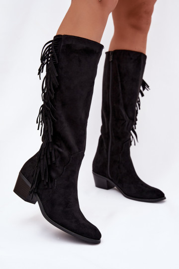 Botas femininas pretas de cano longo estilo cowboy com forro térmico, saltos e franjas Firlina 2