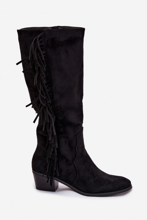 botas estilo vaqueiro Feminino com salto com franjas aquecimento cor preta Firlina
