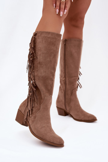 Botas femininas em tom chaki de cano longo estilo cowboy com forro térmico, saltos e franjas Firlina 2
