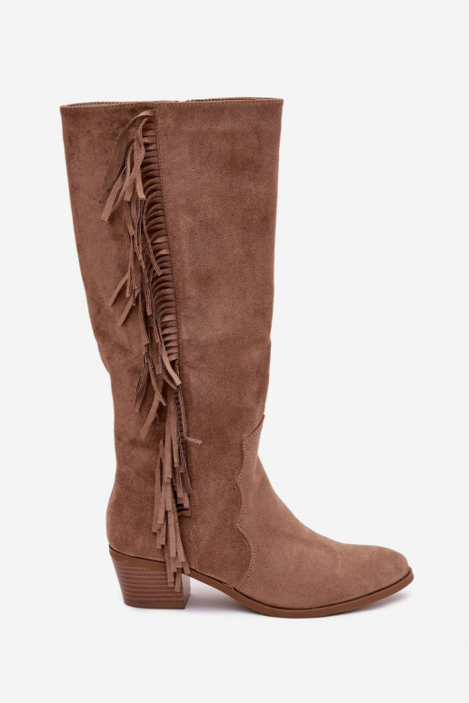 botas estilo vaqueiro Feminino com salto com franjas aquecimento cor cáqui Firlina
