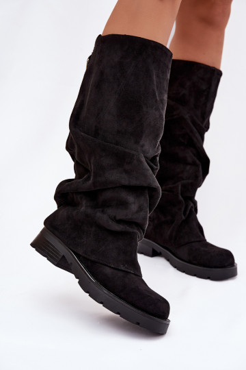 Botas de cano longo femininas pretas quentes de modelo slip-on com parte superior assimétrica Ilvessa