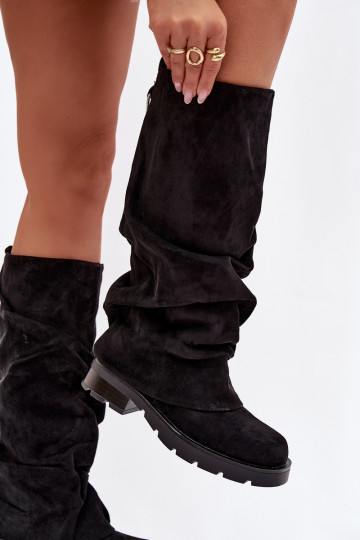 Botas de cano longo femininas pretas quentes de modelo slip-on com parte superior assimétrica Ilvessa 2