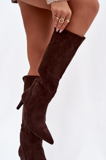 Botas de cano longo femininas em tom chocolate quentes com saltos finos em camurça sintética Arelisse