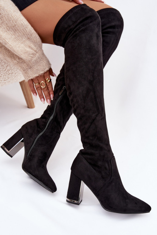 botas femininas de camurça ecológicaoParae acima do joelho com salto cor preta Thamine