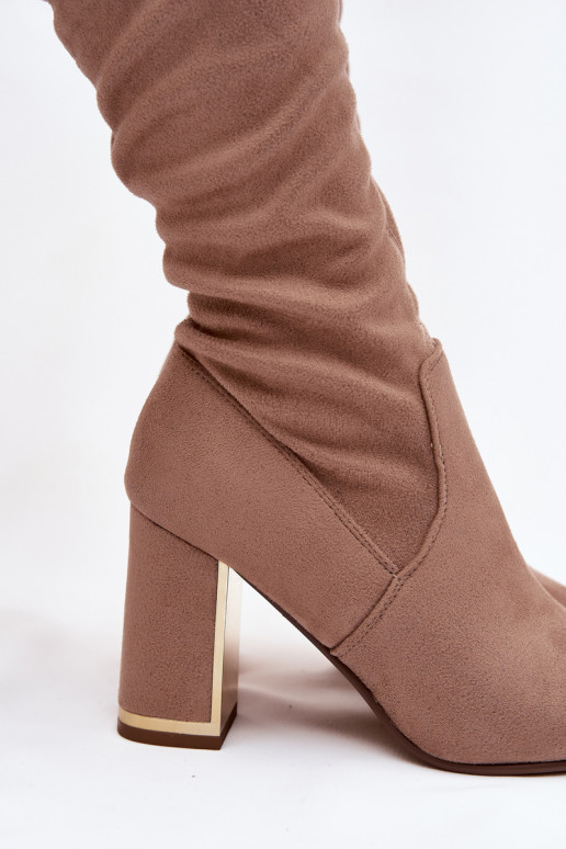 botas femininas de camurça ecológicaoParae acima do joelho com salto bege Thamine