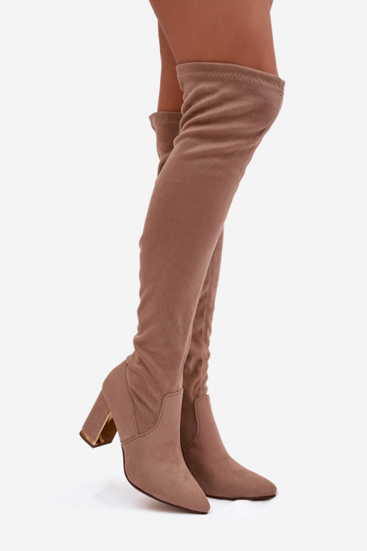 botas femininas de camurça ecológicaoParae acima do joelho com salto bege Thamine