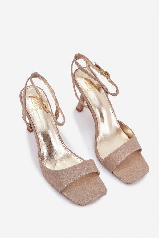 Sandálias femininas com salto fino com brilho cor dourada Brisora
