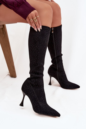 Botas femininas de cano alto com saltos finos e decoração D&A JC52-883 pretas