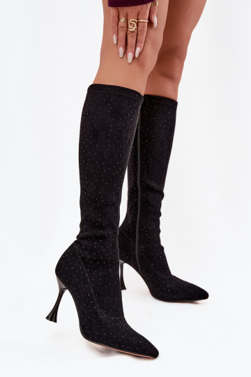 Botas femininas de cano alto com saltos finos e decoração D&A JC52-883 pretas 2