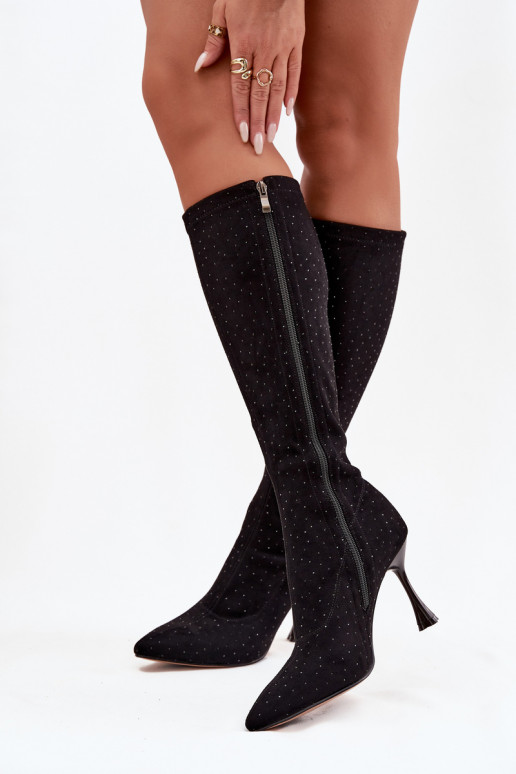 Botas femininas de cano alto com saltos finos e decoração D&A JC52-883 pretas