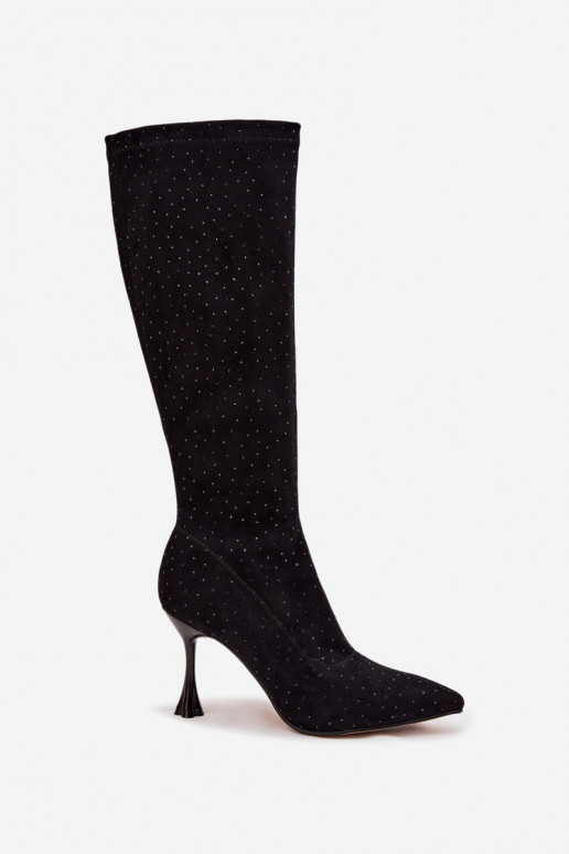 Botas femininas de cano alto com saltos finos e decoração D&A JC52-883 pretas