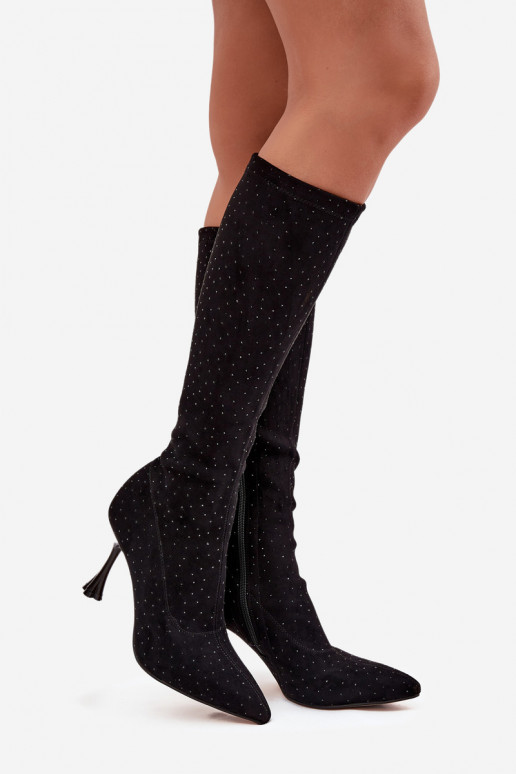 Botas femininas de cano alto com saltos finos e decoração D&A JC52-883 pretas