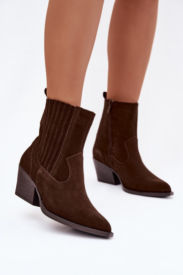 Bota de cowboy feminina em camurça marrom com salto, forrada Dylira 2