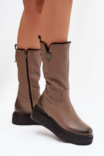 Botas femininas de cano longo de couro com lã Zazoo 70121 na cor areia 2