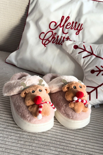 Chinelos femininos de Natal com cervos e pelagem, cor areia Ilianne