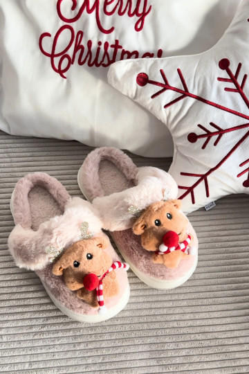 Chinelos femininos de Natal com cervos e pelagem, cor areia Ilianne 2