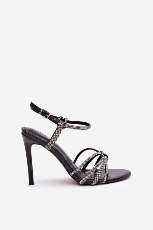 Sandálias femininas com salto fino com listras E zircões cor preta Tanelle