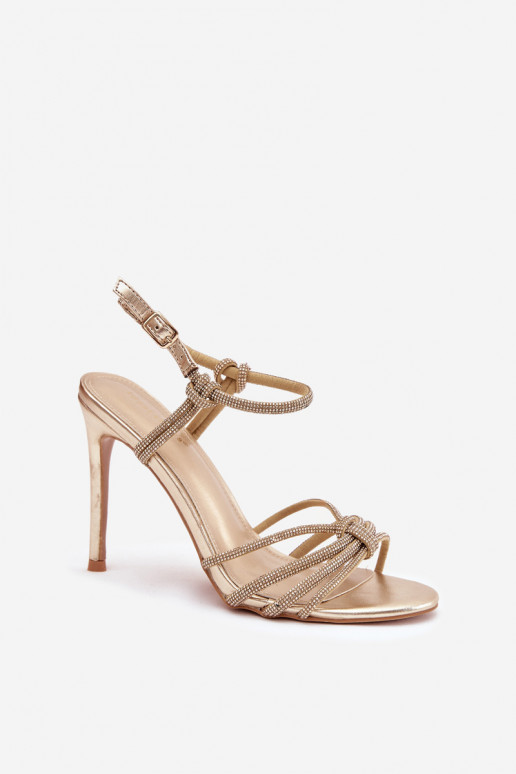 Sandálias femininas com salto fino com listras E zircões cor dourada Tanelle