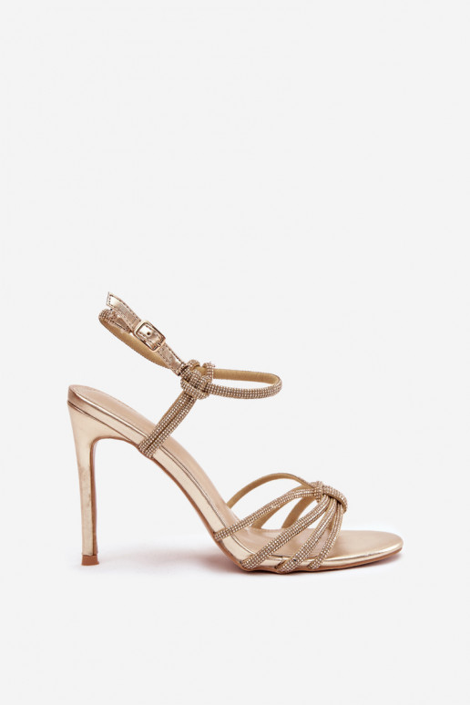 Sandálias femininas com salto fino com listras E zircões cor dourada Tanelle