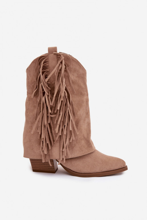 botas estilo coParaboy Feminino com franjas com salto cor cáqui Gralina