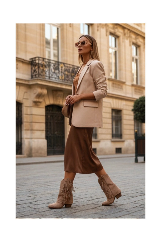 Botins femininos na cor caqui estilo cowboy com franjas e saltinhos Gralina