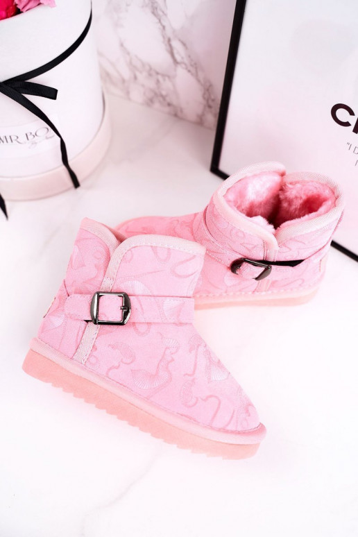 Botas de neve infantis com um casaco de pele cor rosa Caféi