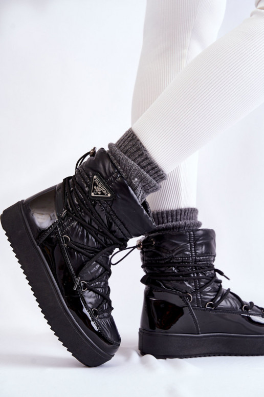 Feminino Elegante Botas de neve com atacadores cor preta Carrios