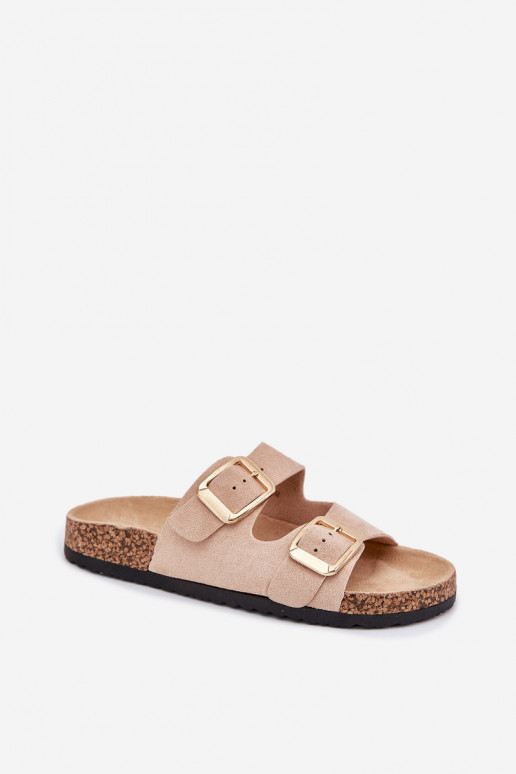 Chinelos femininosde camurça ecológicau cor dourada com fivelas bege Vorella