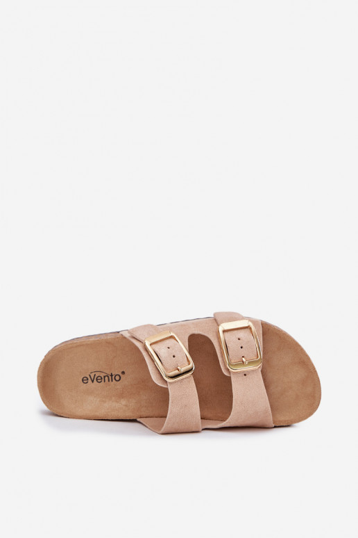Chinelos femininosde camurça ecológicau cor dourada com fivelas bege Vorella