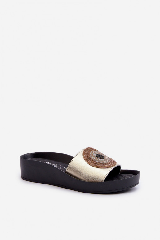 Chinelos de couro Feminino com enfeites S.Barski KV27-019 cor dourada