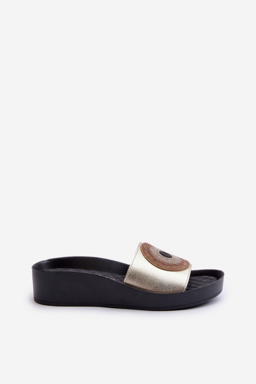 Chinelos de couro Feminino com enfeites S.Barski KV27-019 cor dourada