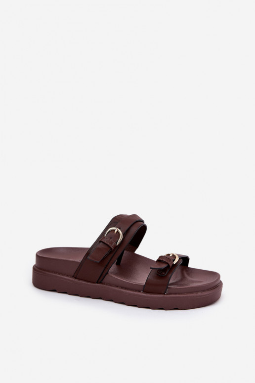 Chinelos femininos com uma plataforma Ze cor douradami com fivelasmi cor marrom EMernone