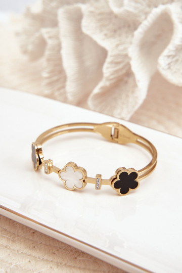Pulseira feminina com flores em aço inoxidável na cor dourada 2
