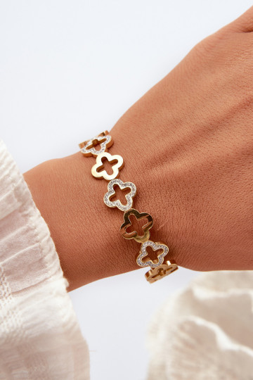 Pulseira feminina decorada com zircônias cúbicas em aço inoxidável na cor dourada