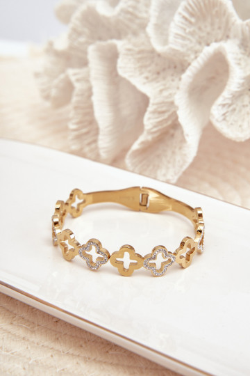 Pulseira feminina decorada com zircônias cúbicas em aço inoxidável na cor dourada 2