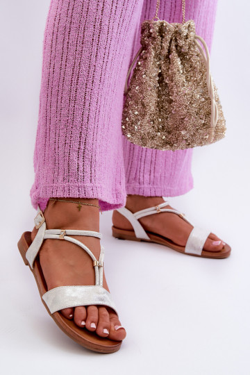 Feminino Sandálias rasteiras com listras S.Barski KV27-010 Branco-cor prata