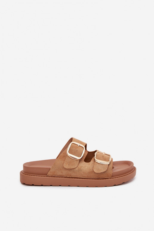 Chinelos femininos com uma plataforma Ze cor douradami com fivelasmi cor marrom Verena