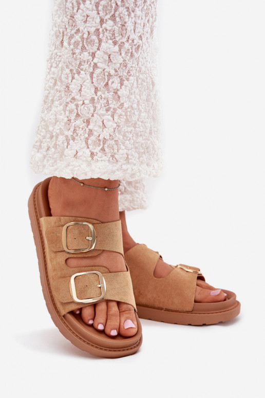 Chinelos femininos com uma plataforma Ze cor douradami com fivelasmi cor marrom Verena