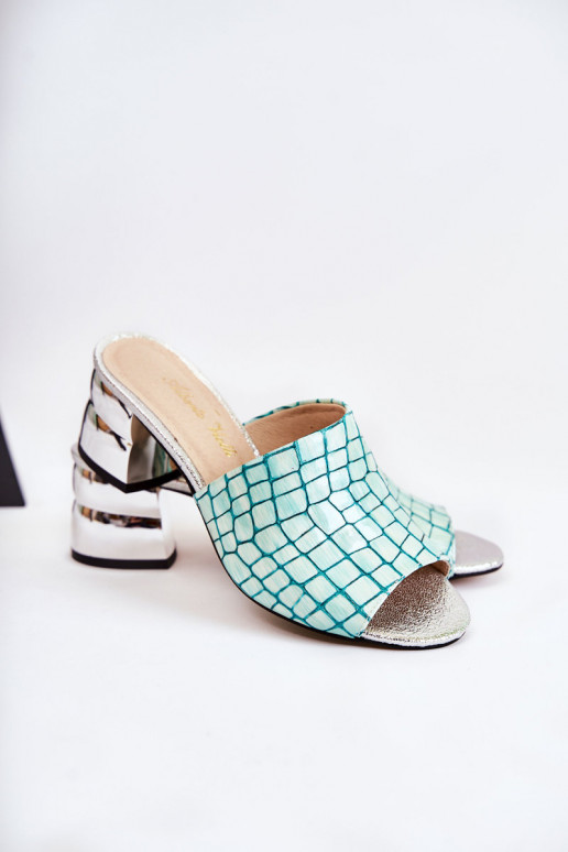 Chinelos de couro Feminino Padrão de crocodilo com salto luz verde Perry