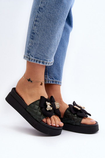 Feminino Chinelos com fitas i ursinhos de pelúciam cor preta Katterina 2